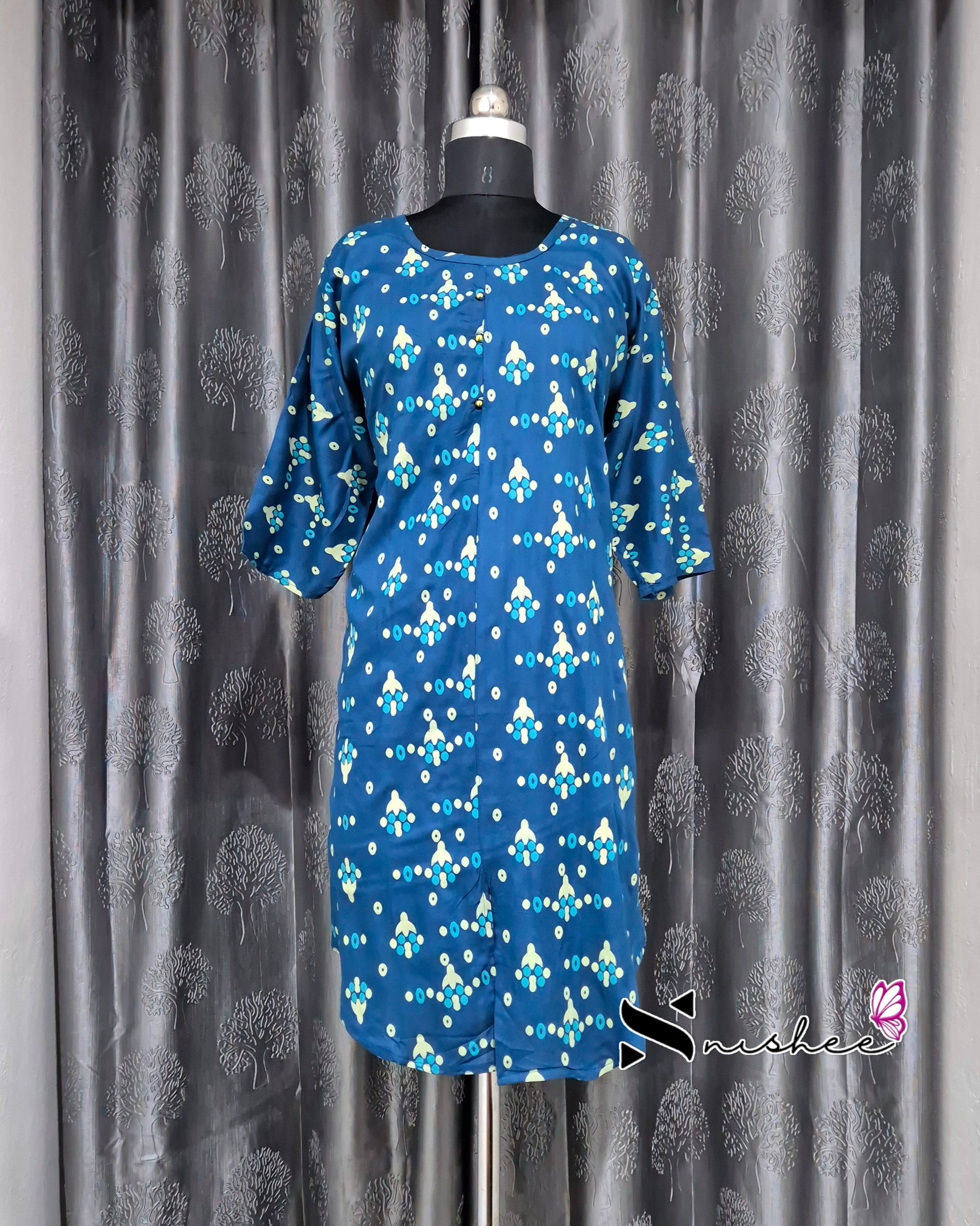 Teal Blue Dotted Motif Printed Kurti