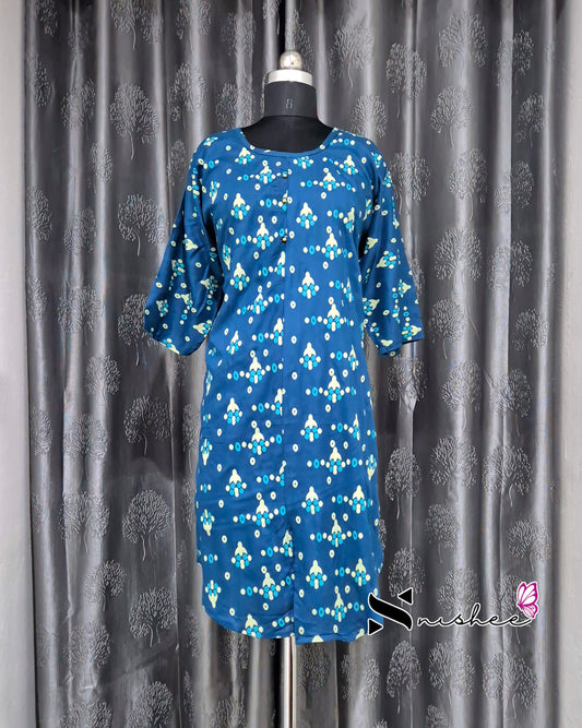 Teal Blue Dotted Motif Printed Kurti