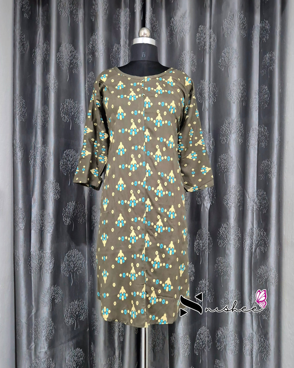 Greenish Brown Dotted Motif Printed Plus Size Kurti