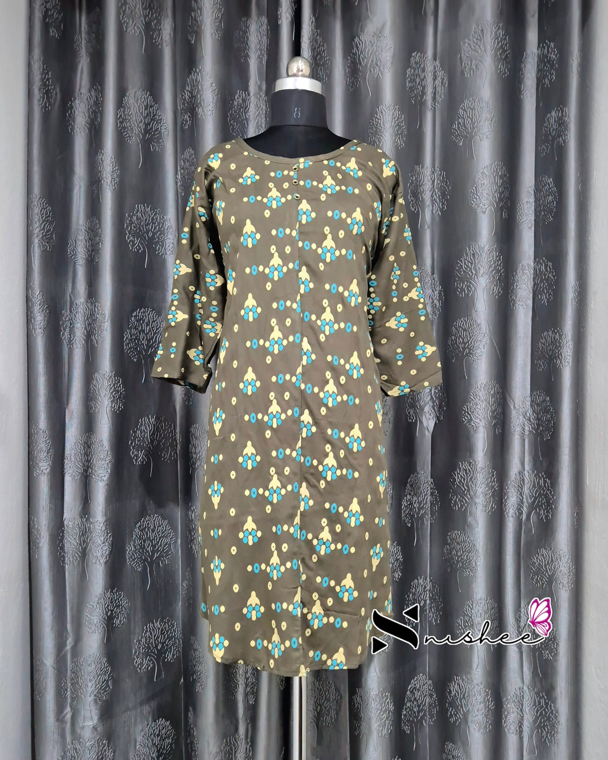 Greenish Brown Dotted Motif Printed Plus Size Kurti