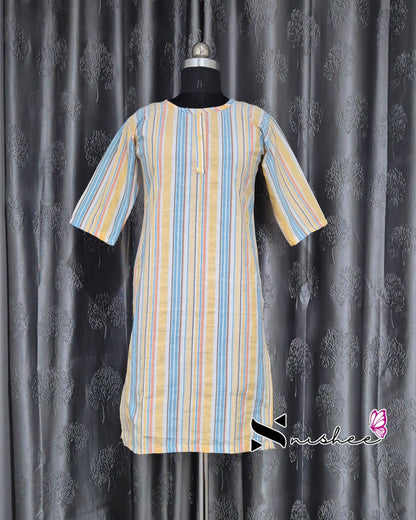 Yellow/ Blue Stripes Short Straight Cut Kurti