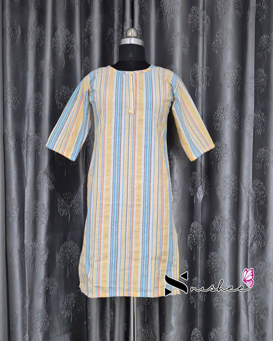 Yellow/ Blue Stripes Short Straight Cut Kurti