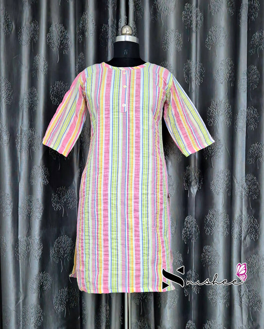 Pink/ Green Stripes Short Straight Cut Kurti