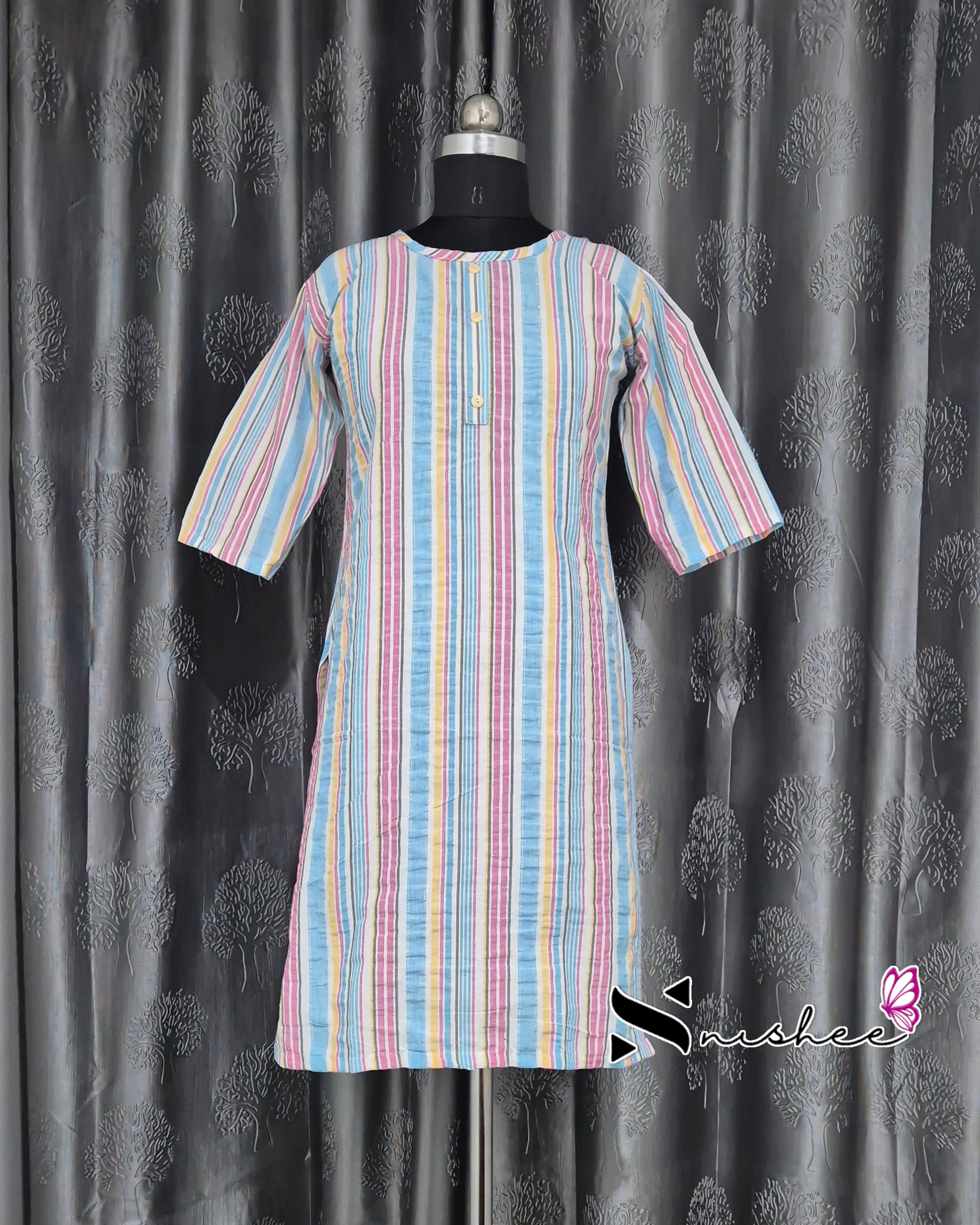 Pink/ Blue Stripes Short Straight Cut Kurti