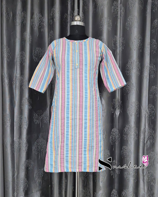 Pink/ Blue Stripes Short Straight Cut Kurti