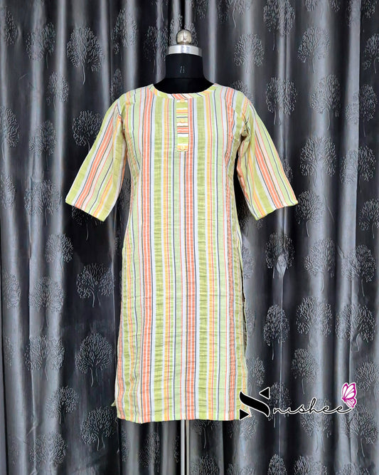 Green/ Orange Stripes Short Straight Cut Kurti
