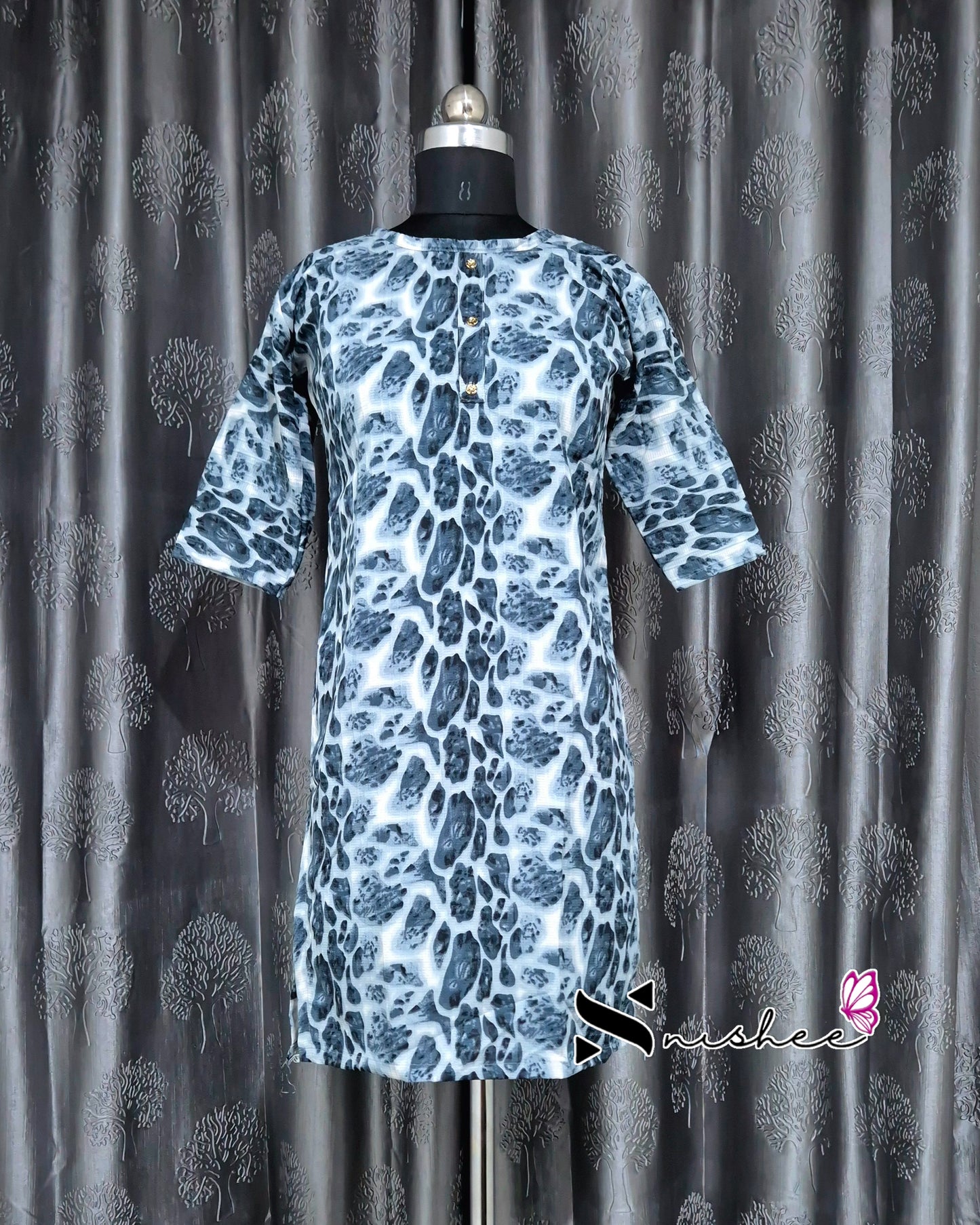 Blue Panther Print Short Straight Cut Kurti