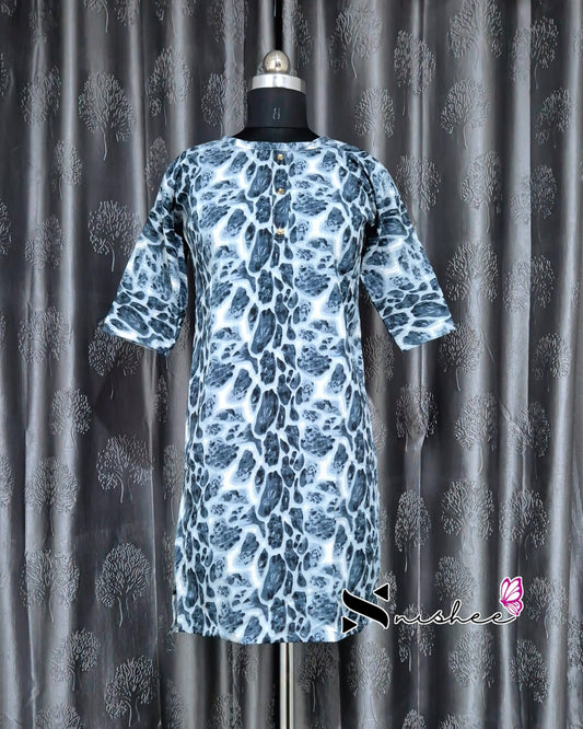 Blue Panther Print Short Straight Cut Kurti