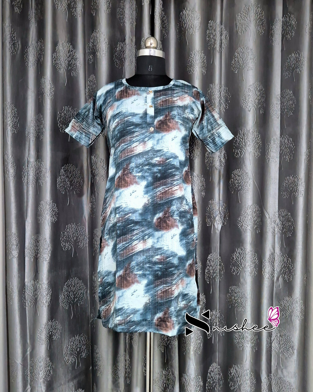 Blue Brush Print Short Straight Cut Kurti