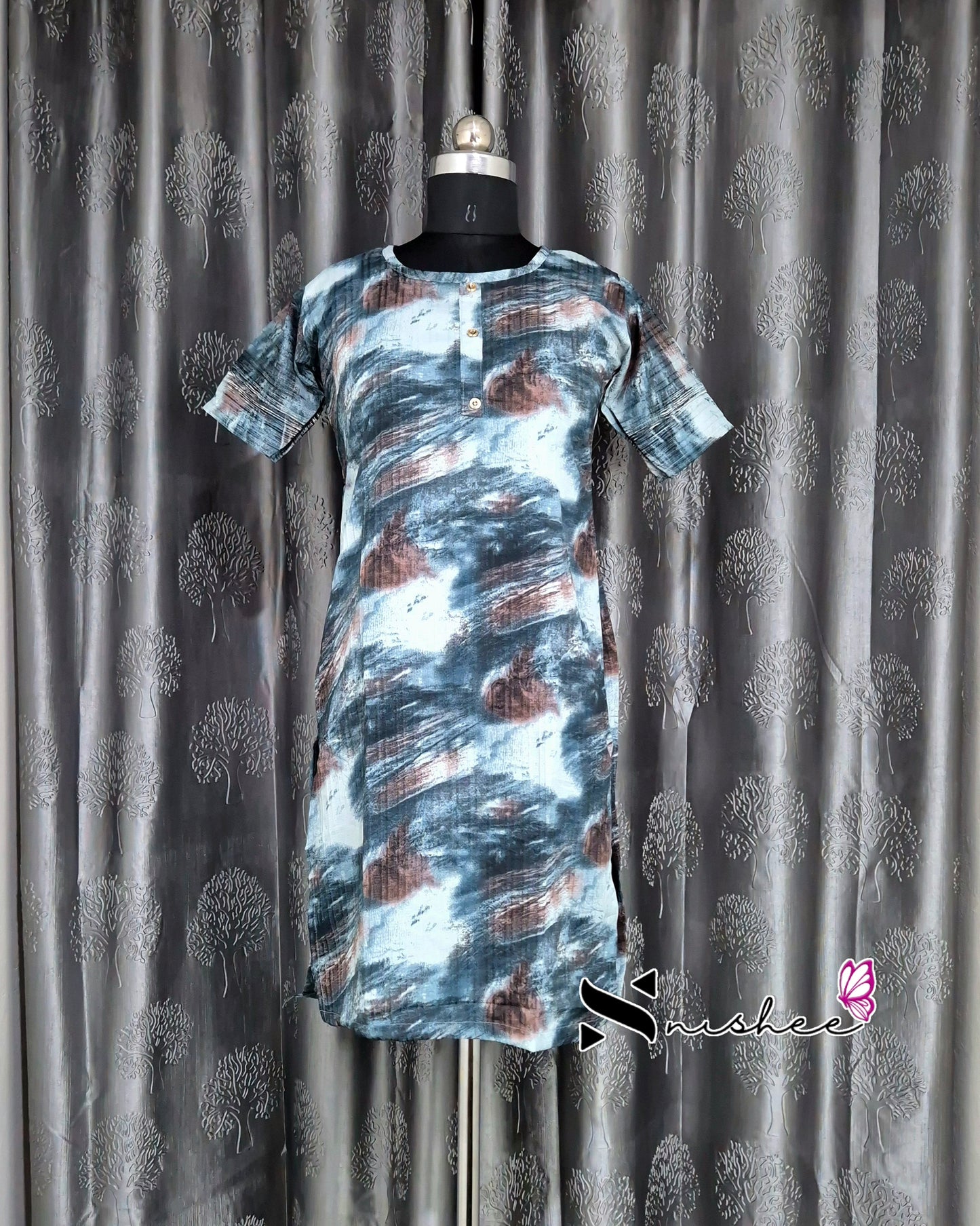 Blue Brush Print Short Straight Cut Kurti