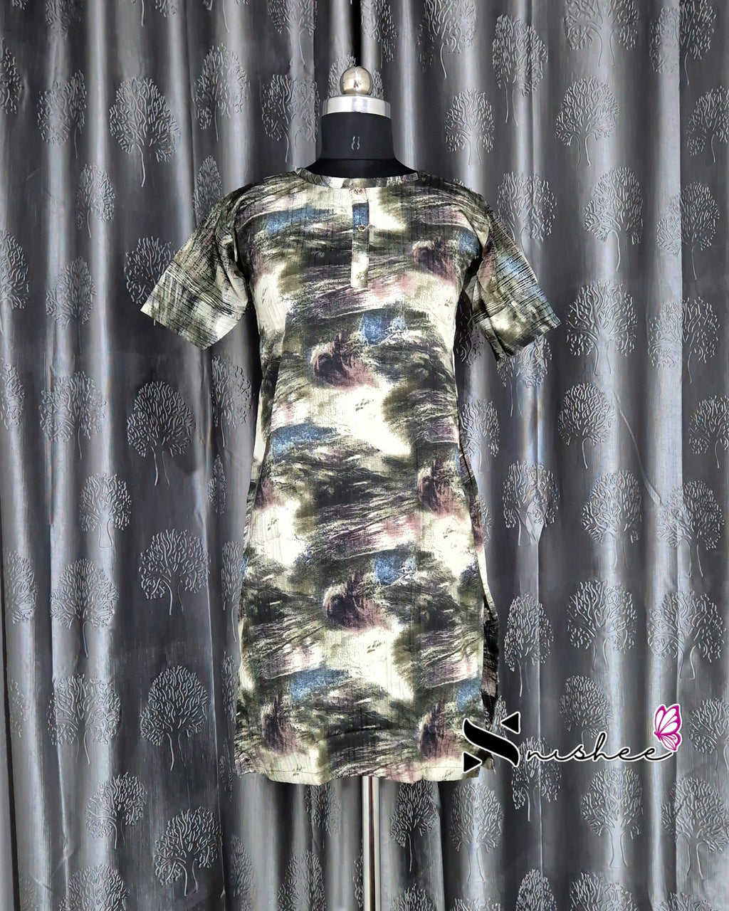 Green Brush Print Short Straight Cut Kurti