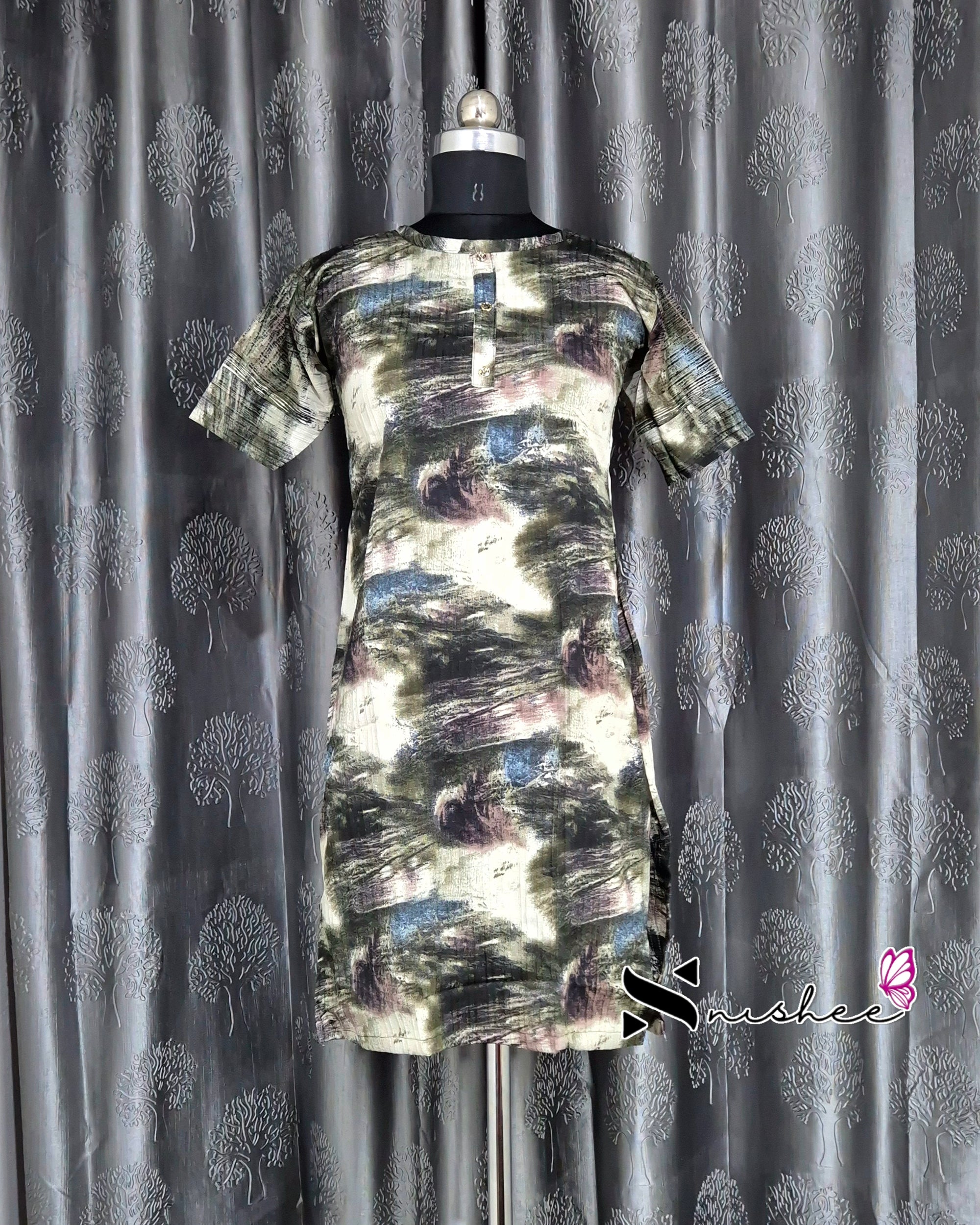Green Brush Print Short Straight Cut Kurti