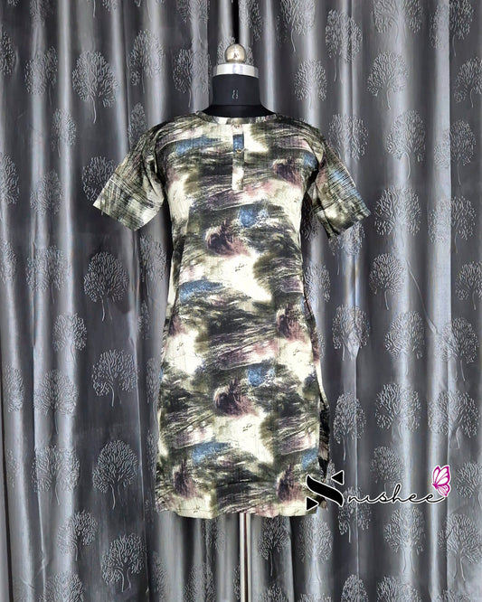 Green Brush Print Short Straight Cut Kurti