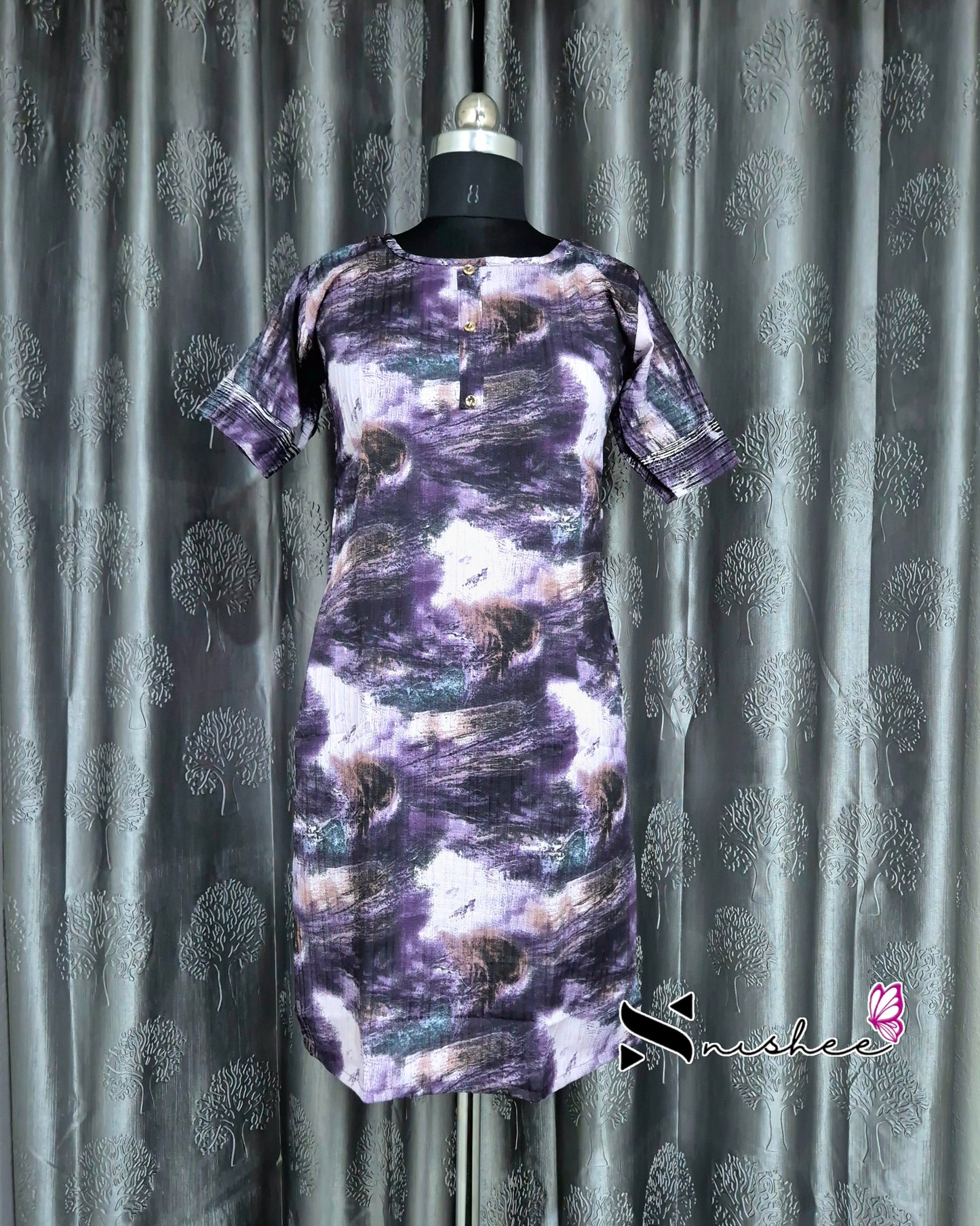 Purple Brush Print Short Straight Cut Kurti
