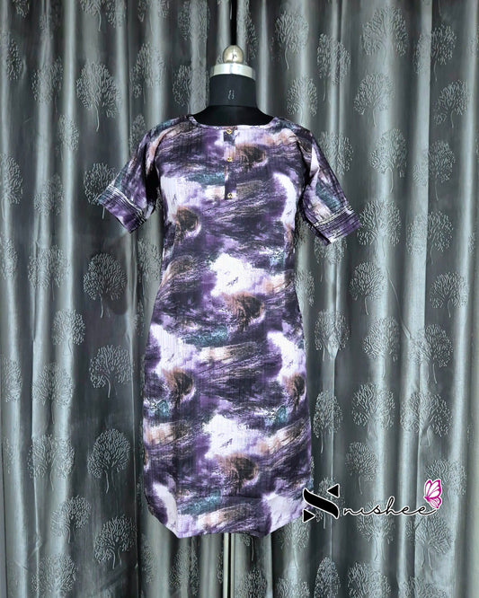 Purple Brush Print Short Straight Cut Kurti