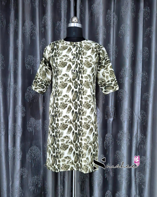 Green Panther Print Short Straight Cut Kurti