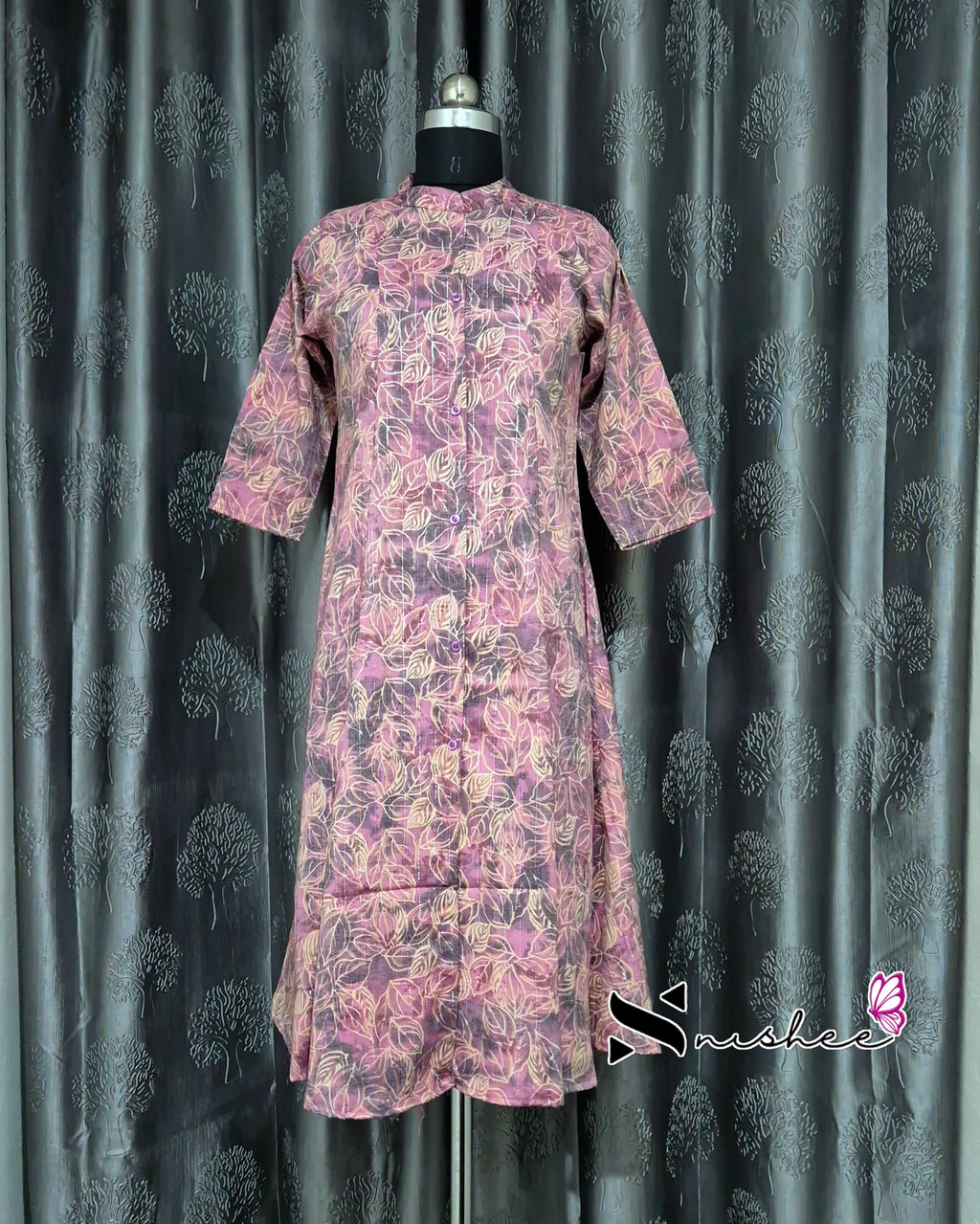 Pink Leaf Chinese Collar A Line Kurti