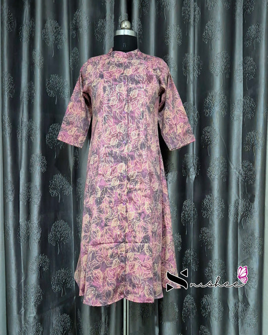 Pink Leaf Chinese Collar A Line Kurti