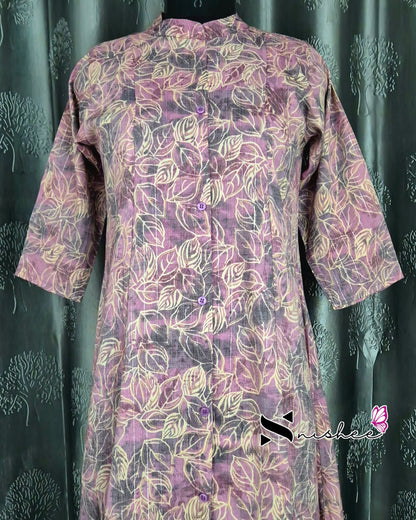 Pink Leaf Chinese Collar A Line Kurti