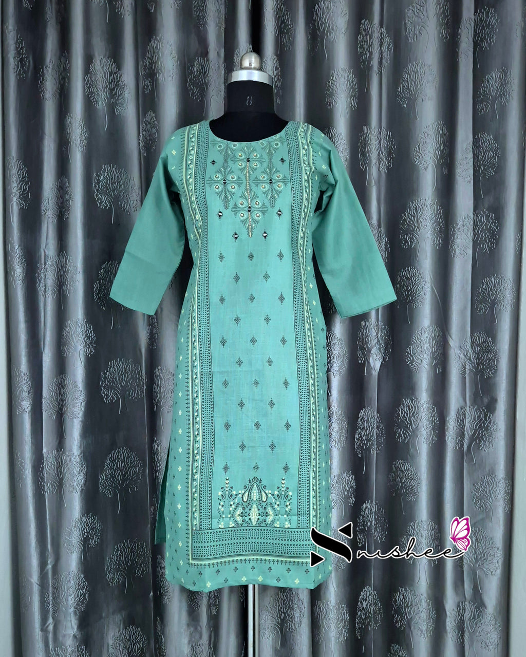Green Mirror Embroidered Patterned Cotton Kurti
