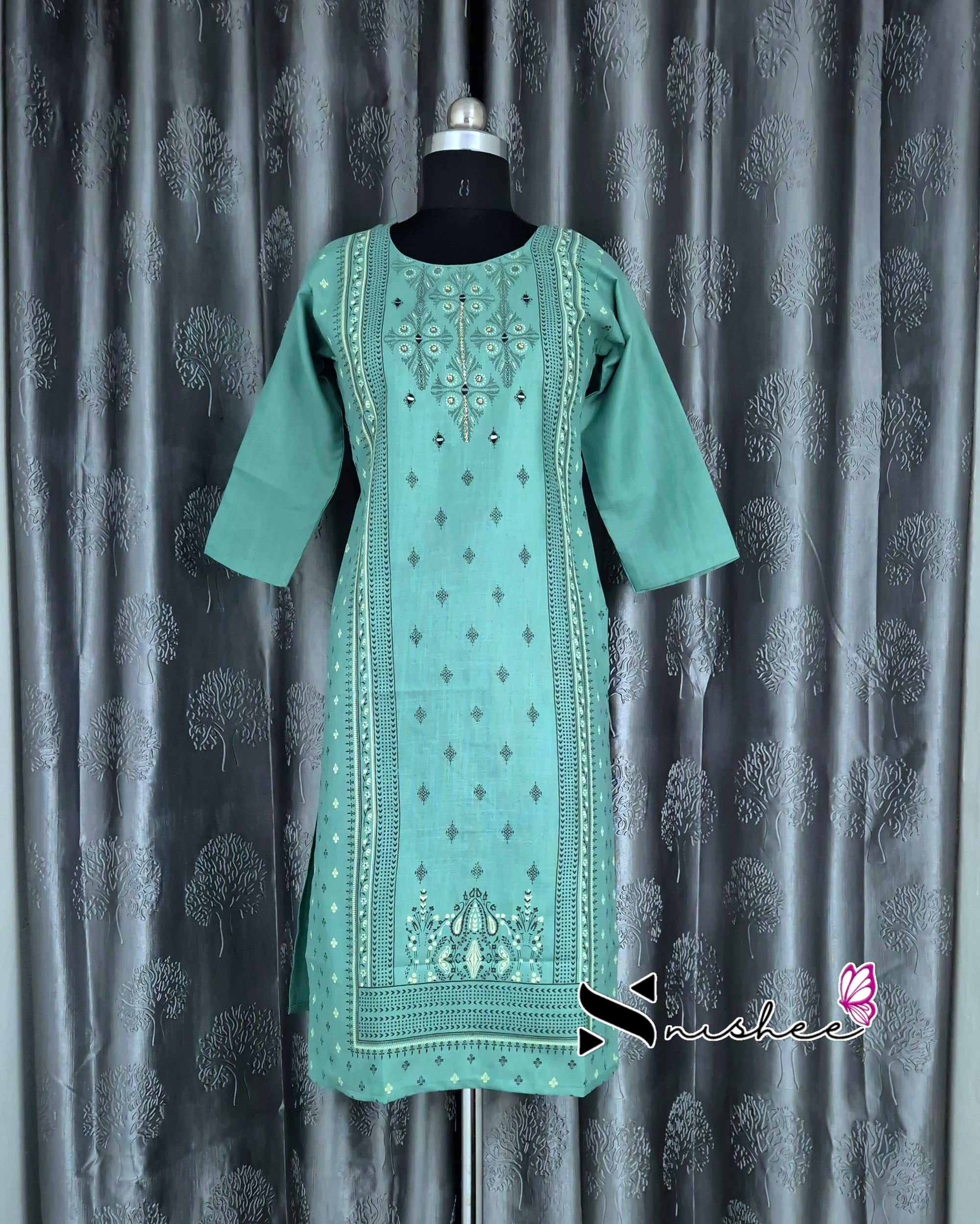 Green Mirror Embroidered Patterned Cotton Kurti