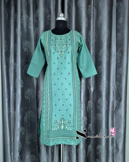Green Mirror Embroidered Patterned Cotton Kurti