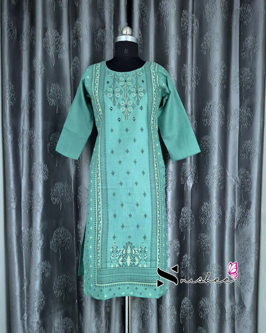 Green Mirror Embroidered Patterned Cotton Kurti