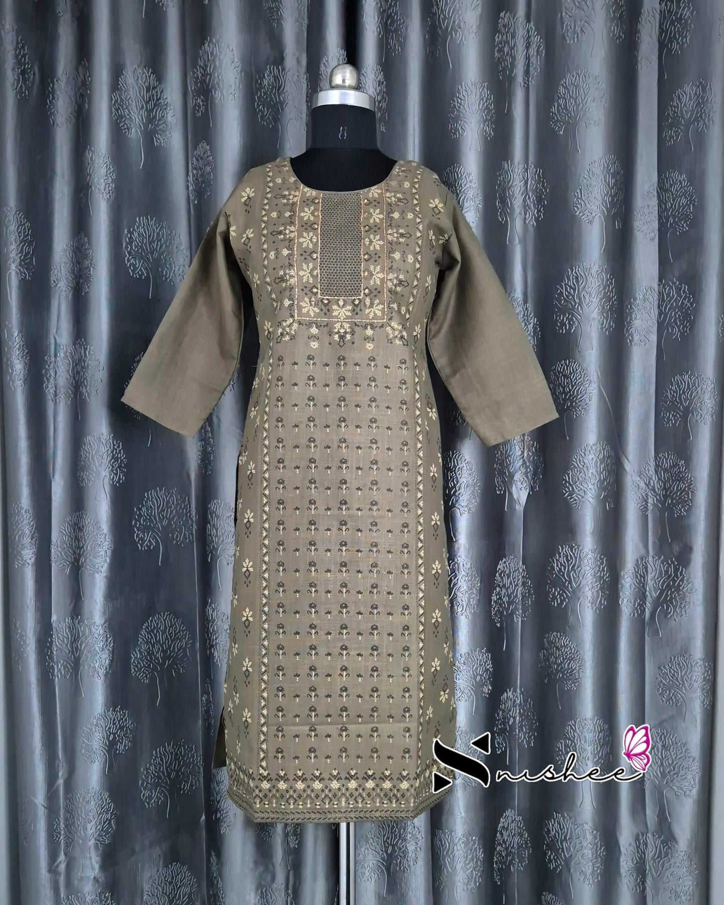 Olive Green Patterned Cotton Kurti