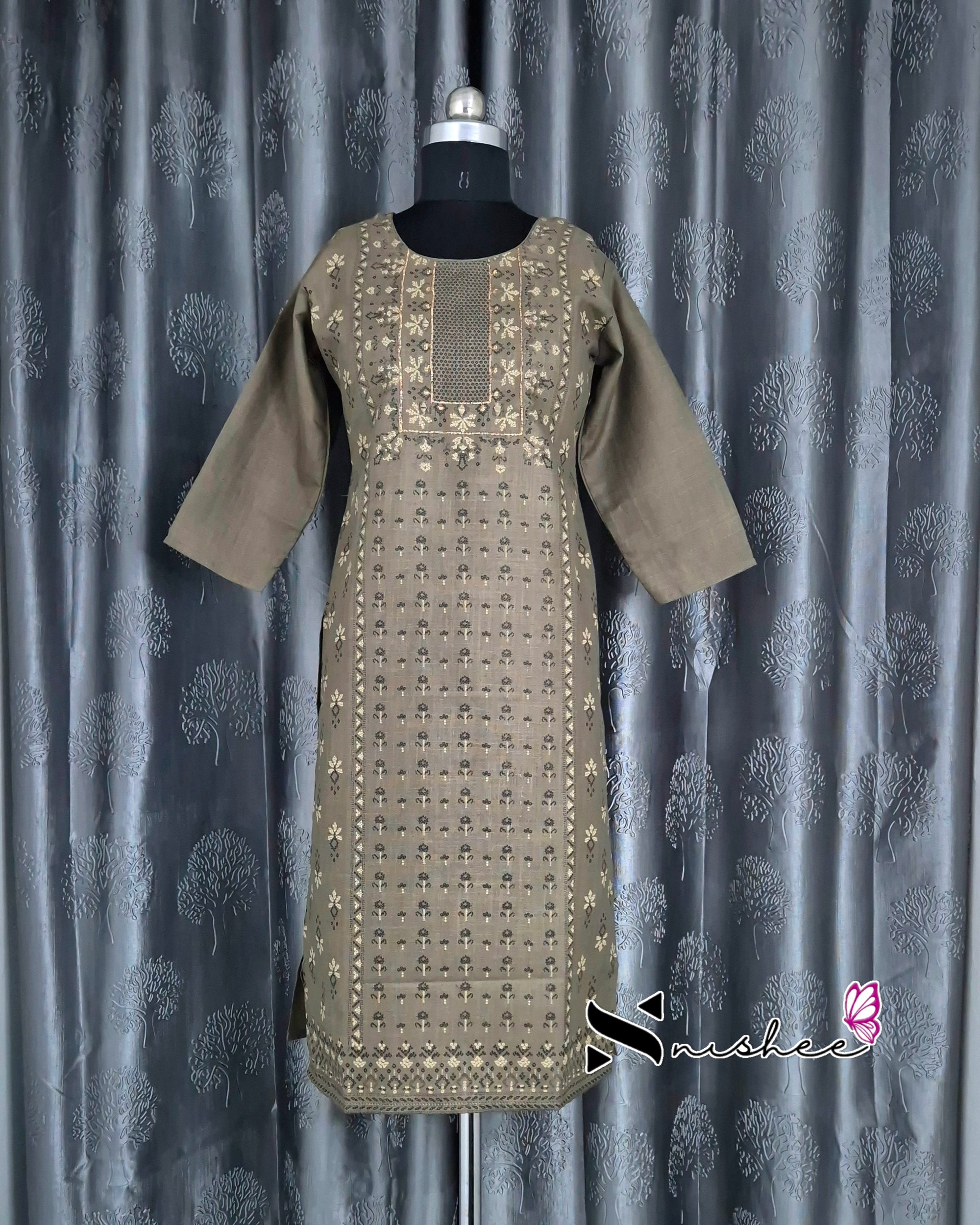 Olive Green Patterned Cotton Kurti