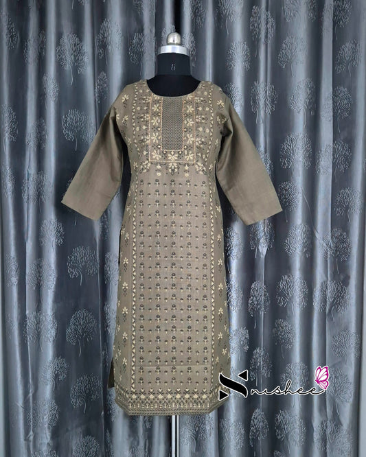 Olive Green Patterned Cotton Kurti