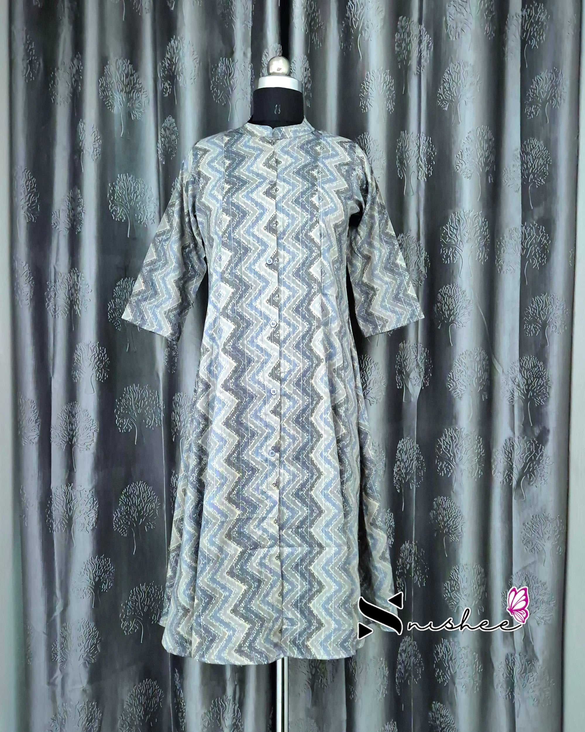 Grey Zigzag Chinese Collar A Line Kurti