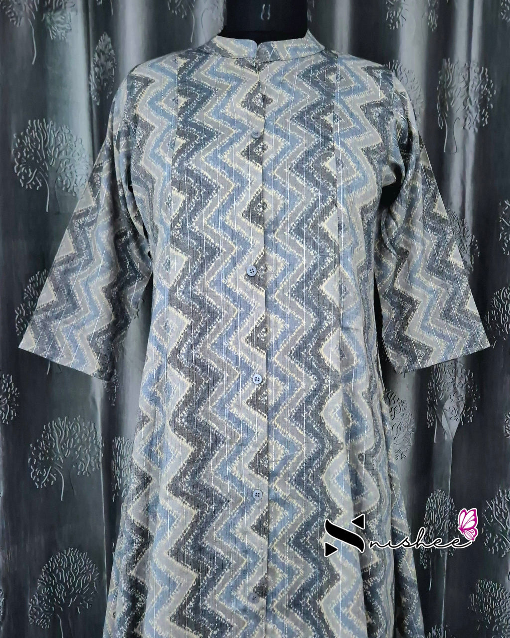 Grey Zigzag Chinese Collar A Line Kurti