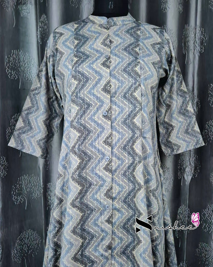 Grey Zigzag Chinese Collar A Line Kurti
