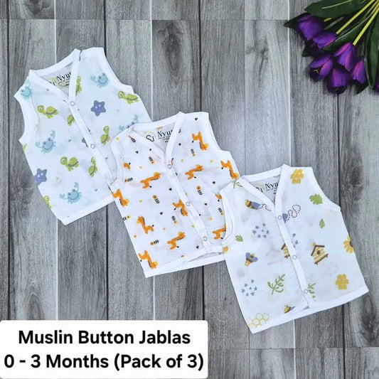 Muslin Button Jablas - 0 to 3 Months - A - Pack of 3
