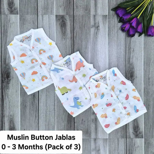 Muslin Button Jablas - 0 to 3 Months - B - Pack of 3