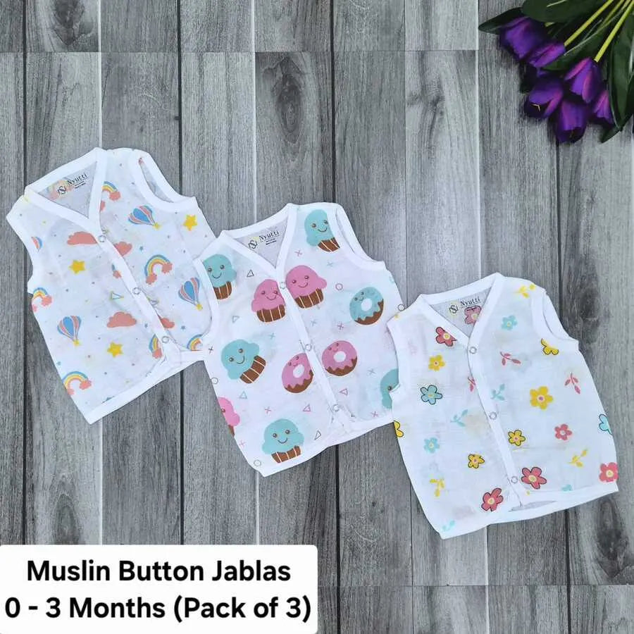 Muslin Button Jablas - 0 to 3 Months - C - Pack of 3