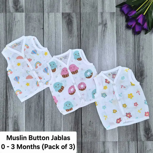 Muslin Button Jablas - 0 to 3 Months - C - Pack of 3
