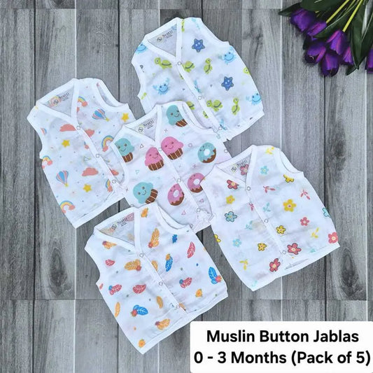 Muslin Button Jablas - 0 to 3 Months - A - Pack of 5
