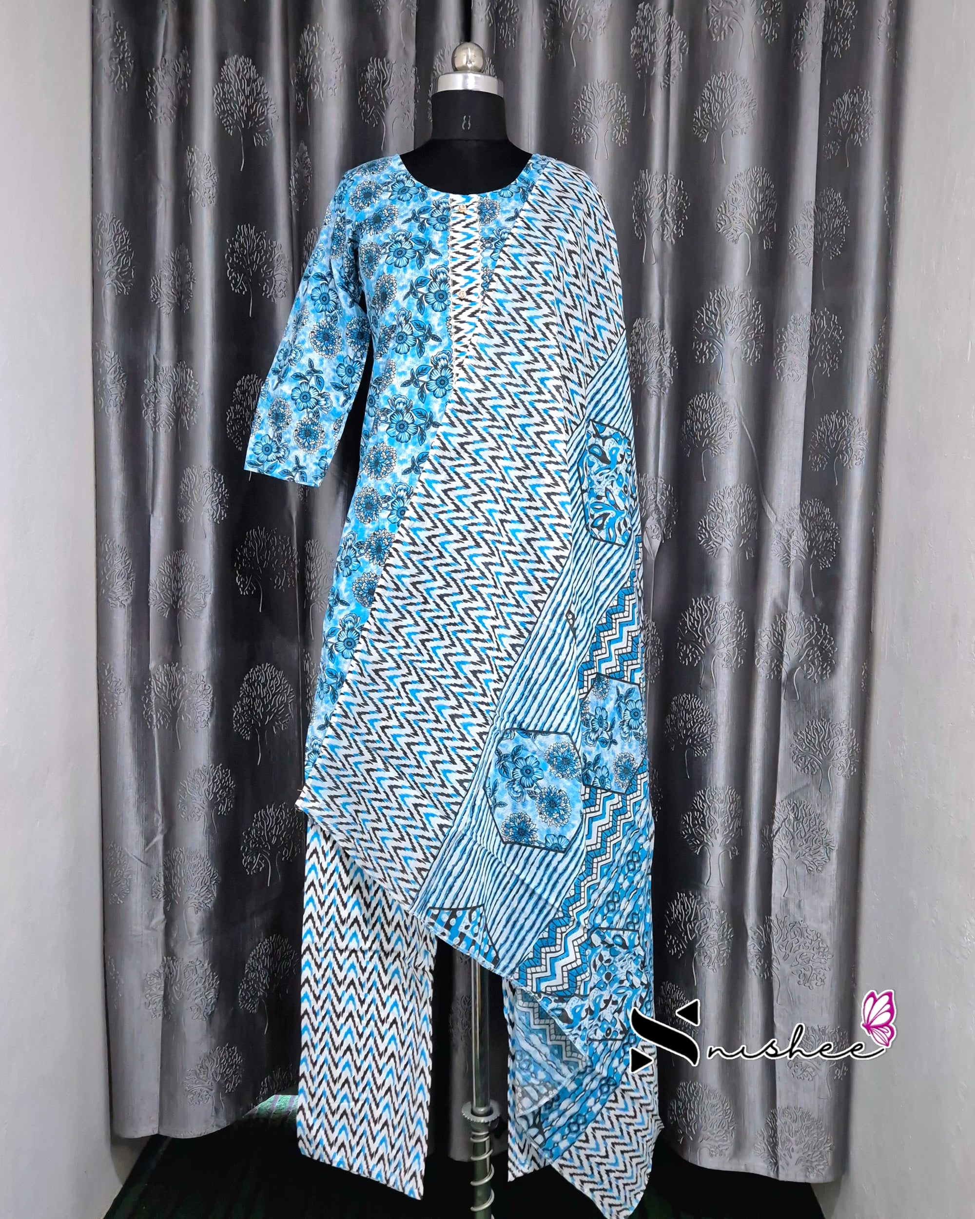 Blue Floral Kurti Set with Dupatta