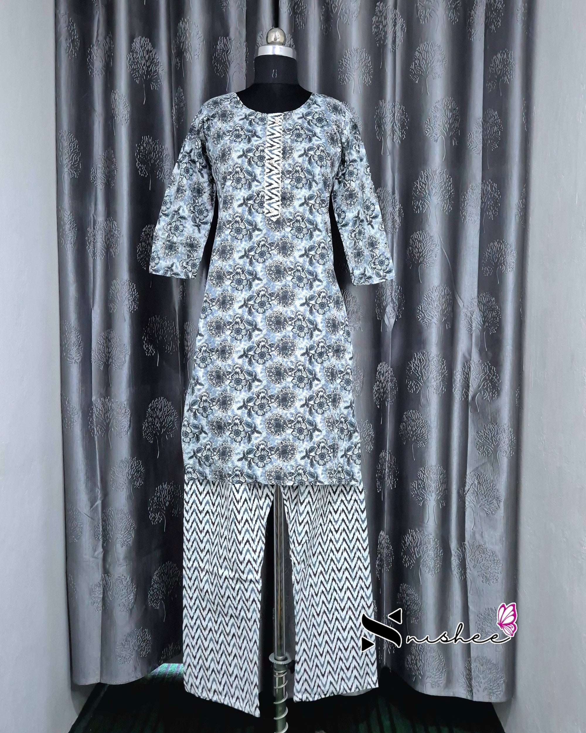 Grey Floral Kurti Set with Dupatta