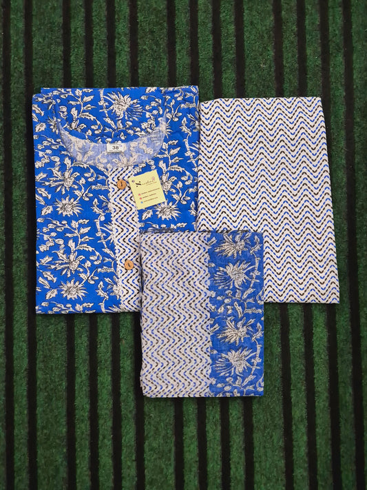 Royal Blue Floral Kurti Set with Dupatta
