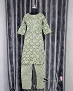 Basil Green Diamond Pattern Floral Kurti Set