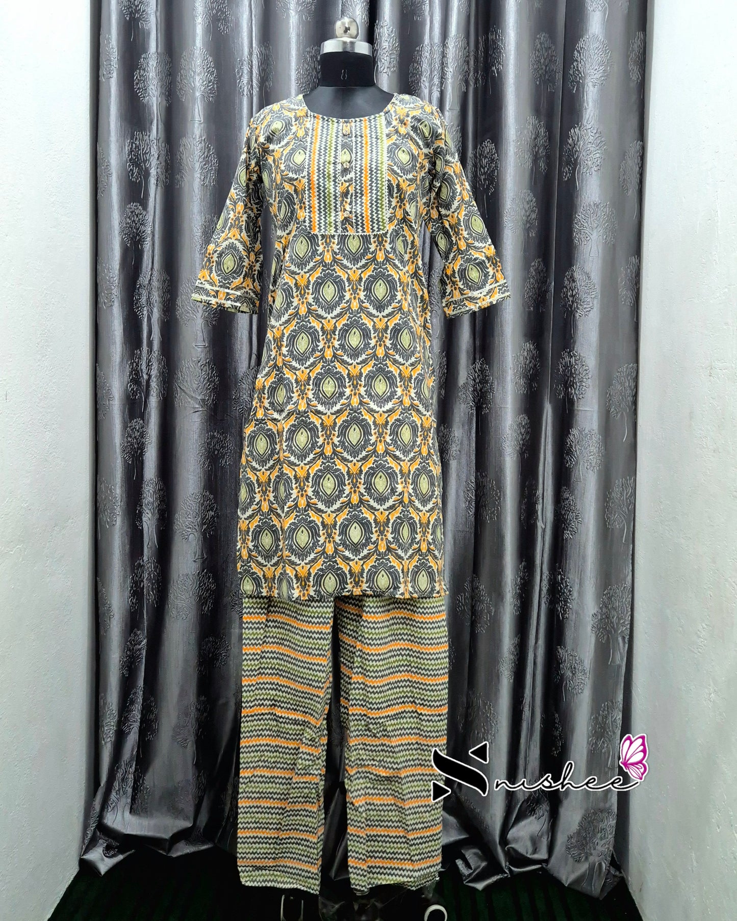 Black/ Orange Mandala Pattern Kurti Set