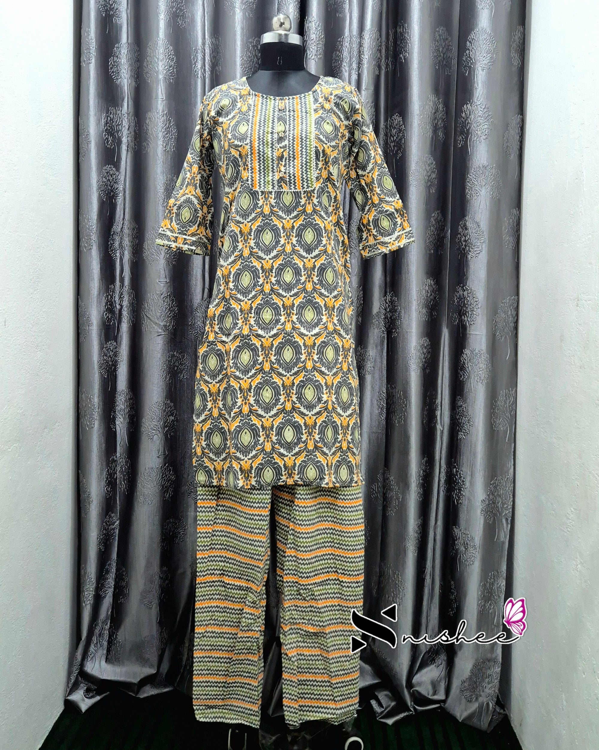 Black/ Orange Mandala Pattern Kurti Set
