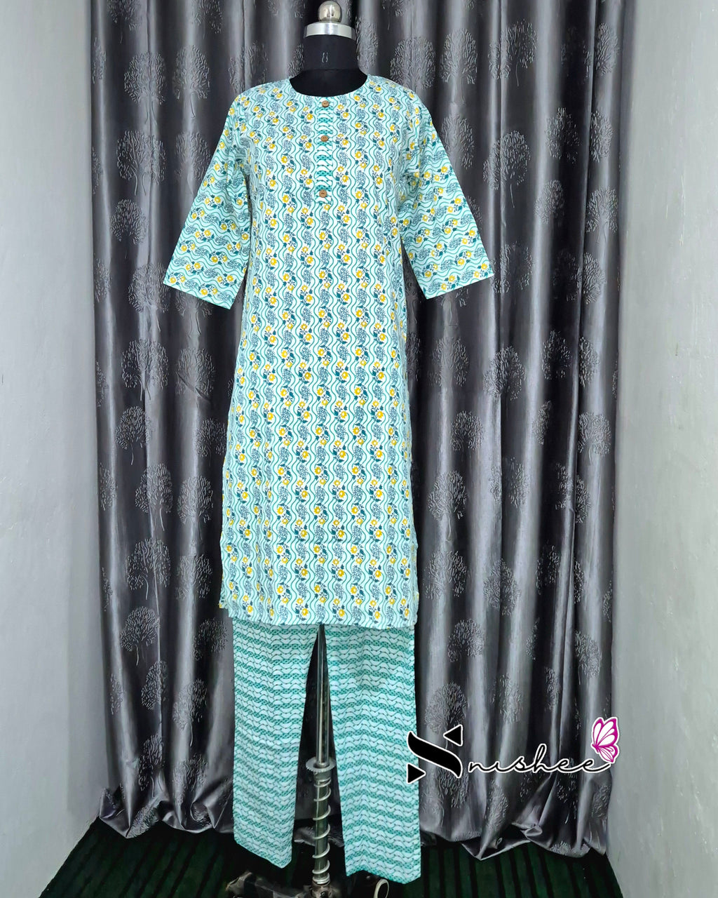 White Creeper Pattern Kurti Set