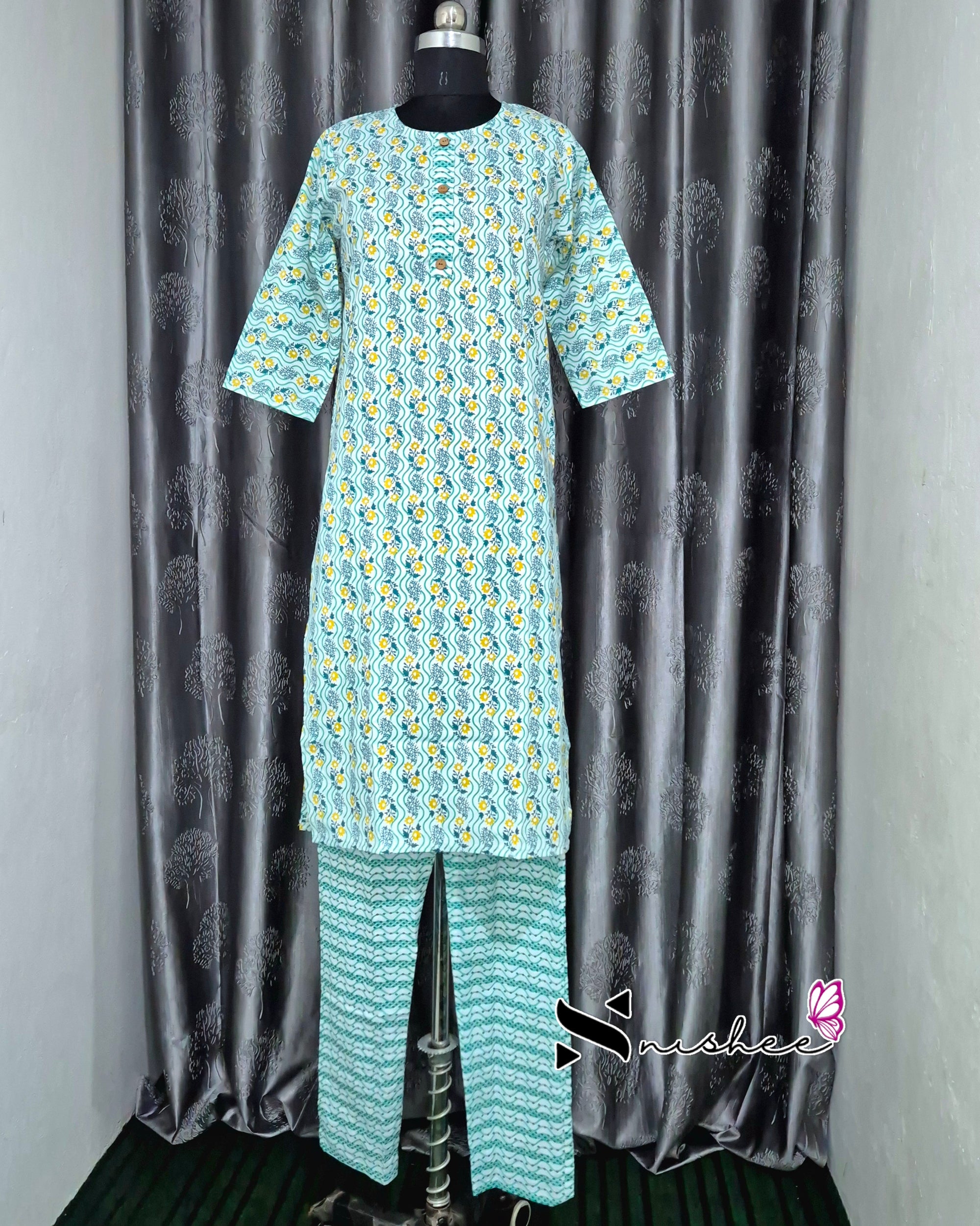 White Creeper Pattern Kurti Set