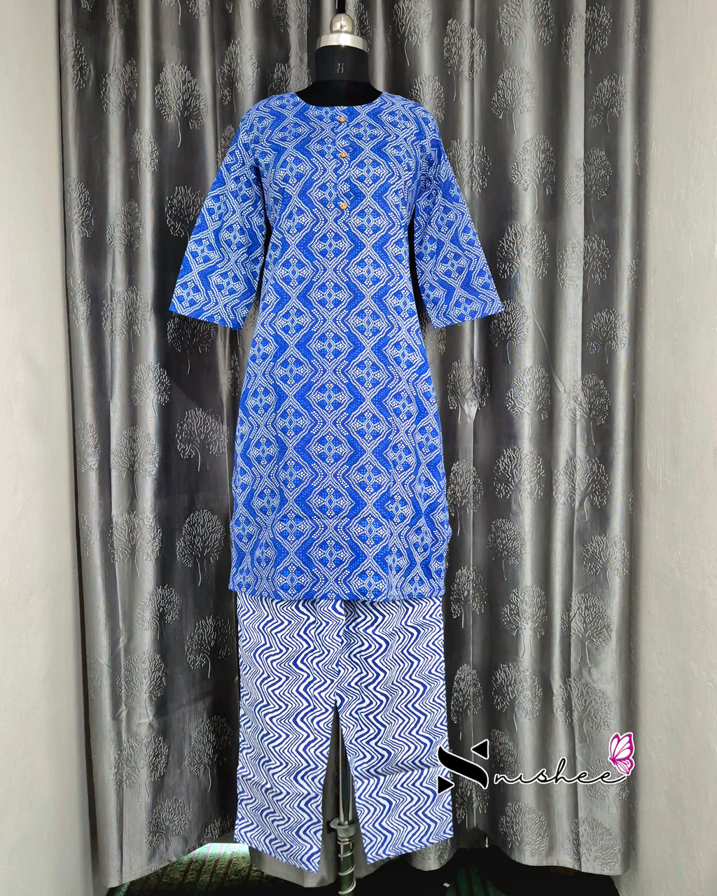 Blue Bandhani Print Kurti Set