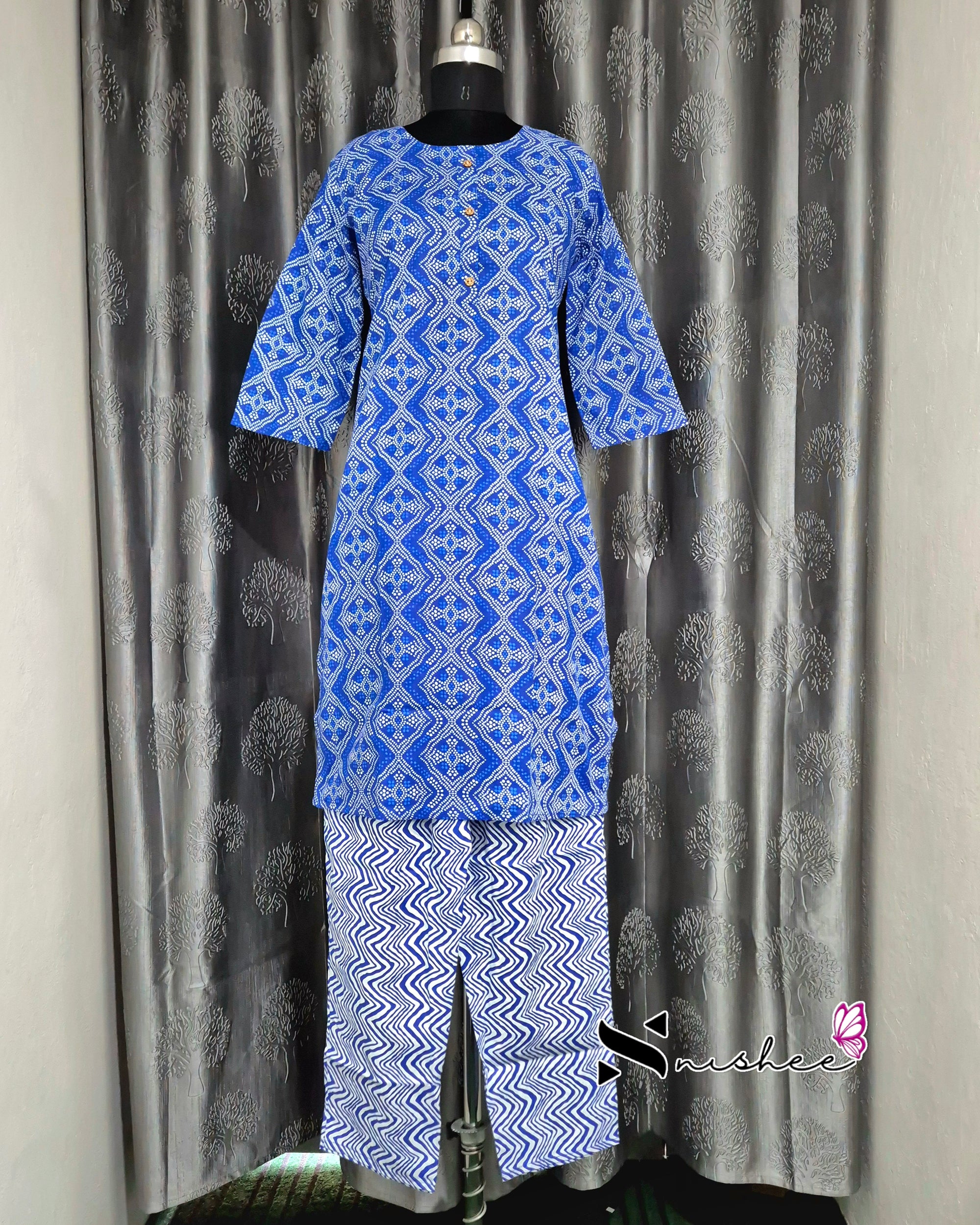 Blue Bandhani Print Kurti Set