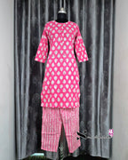 Pink Leaf Motif Kurti Set