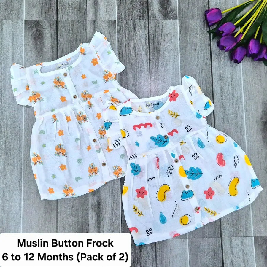Muslin Button Frock - 6 to 12 Months - A - Pack of 2